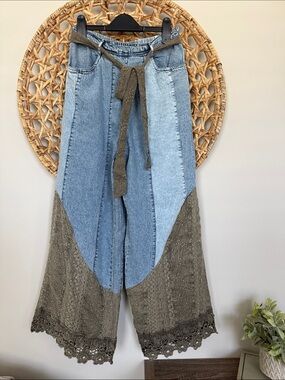Young Threads -Media Wide Leg Jeans with Crochet Trim - Olive & Light Blue